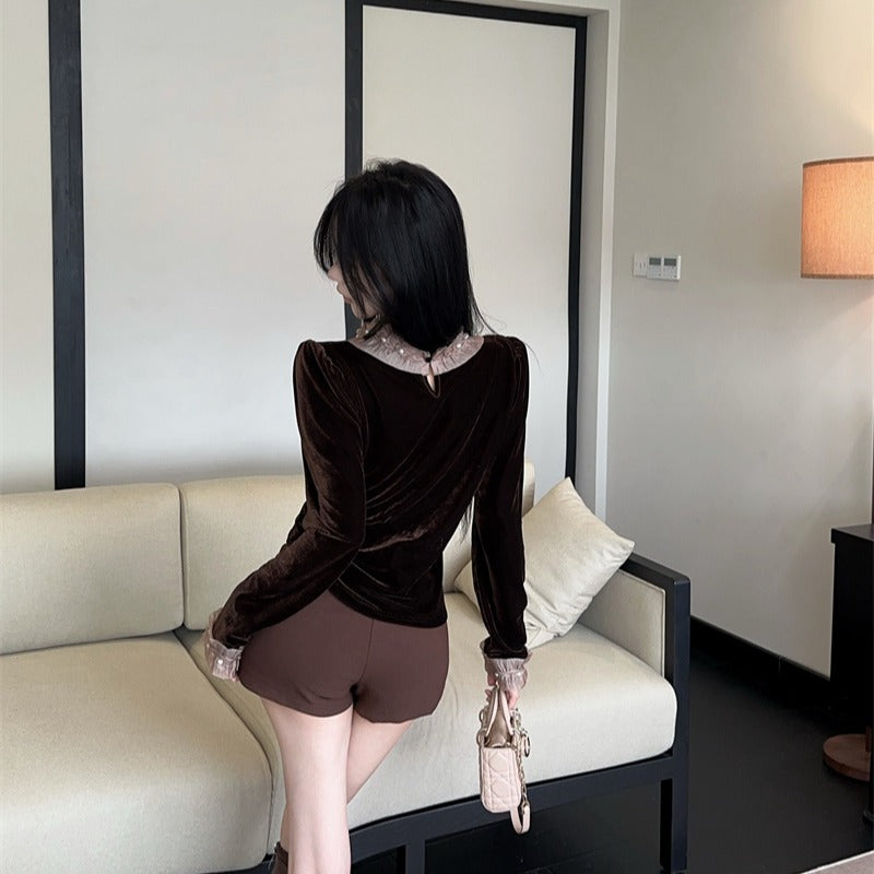 💕chic韓系小個子泡泡袖絲絨上衣