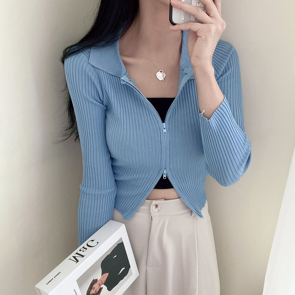 💕日系polo翻領雙拉鍊顯瘦長袖針織衫
