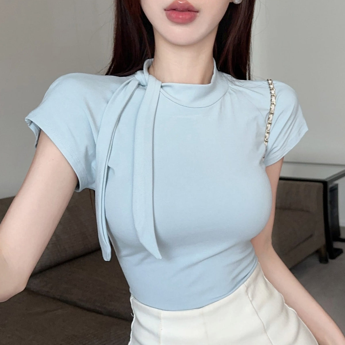 💕夏季設計款系帶圍巾領T袖上衣