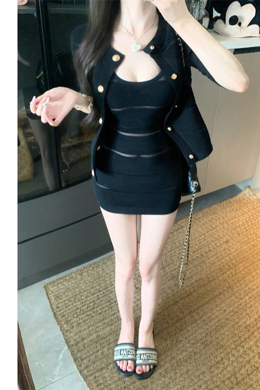 💕輕熟風拼接吊帶連衣裙外套套裝