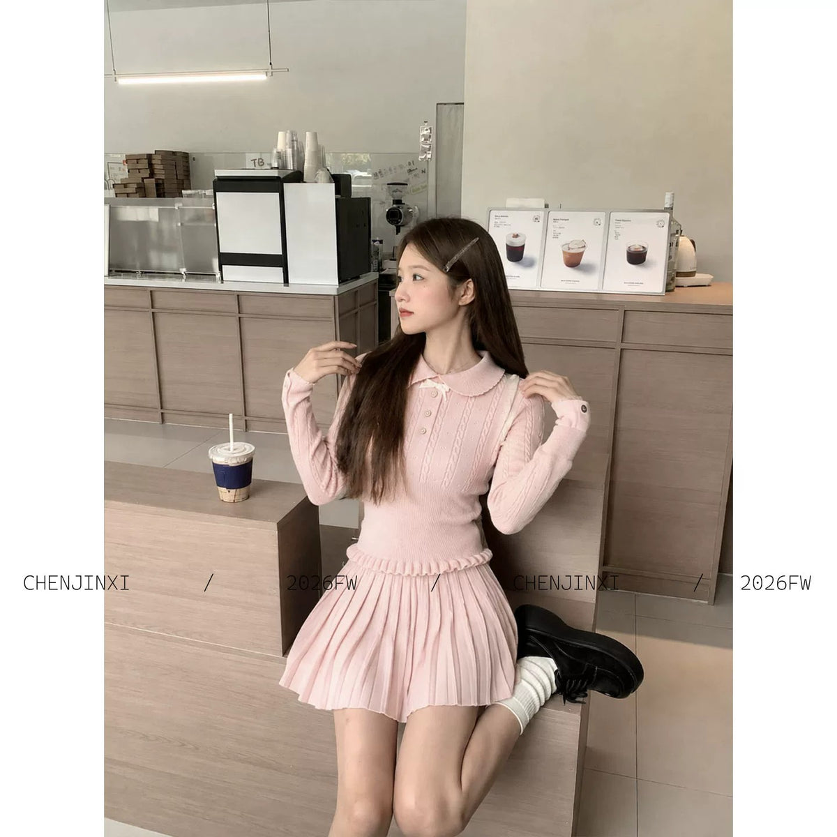 💕chic千金感粉色長袖針織毛衣短裙套裝
