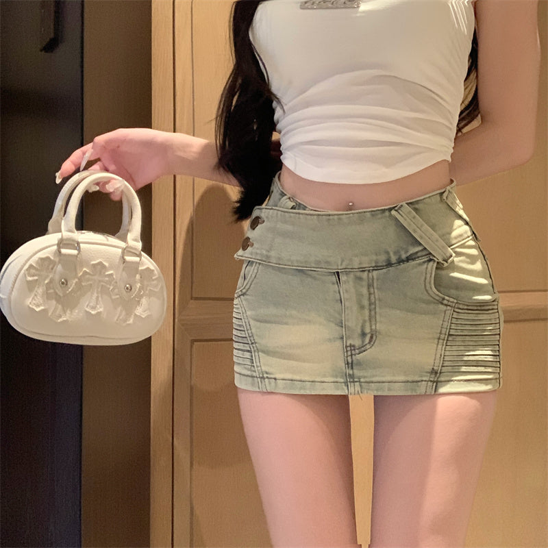 💕不規則緊身彈力刷舊牛仔短裙