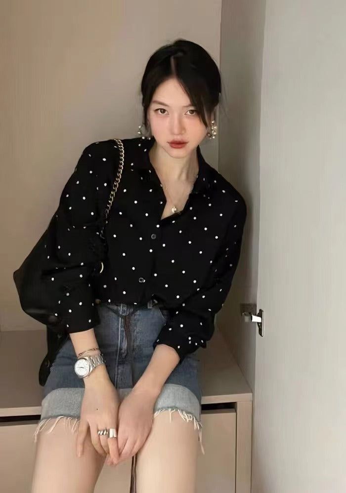 💕法式chic復古翻領撞色點點寬鬆襯衫