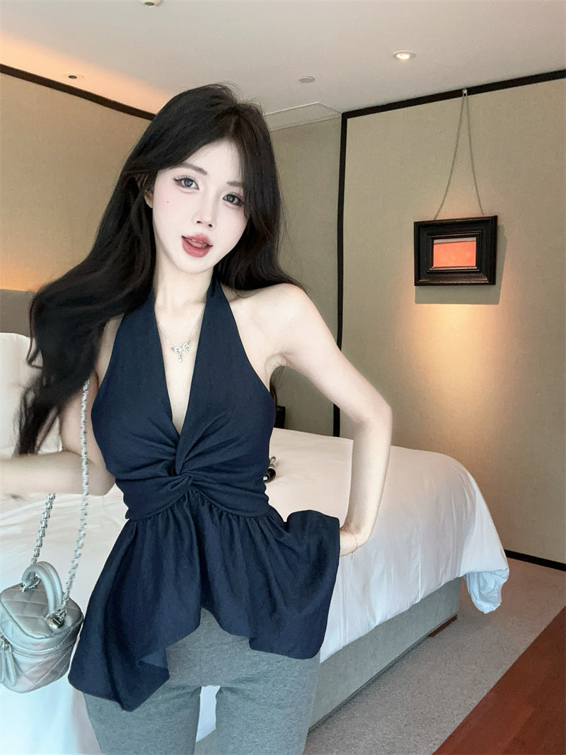 💕氣質深V牛仔掛脖露背顯瘦抹胸背心