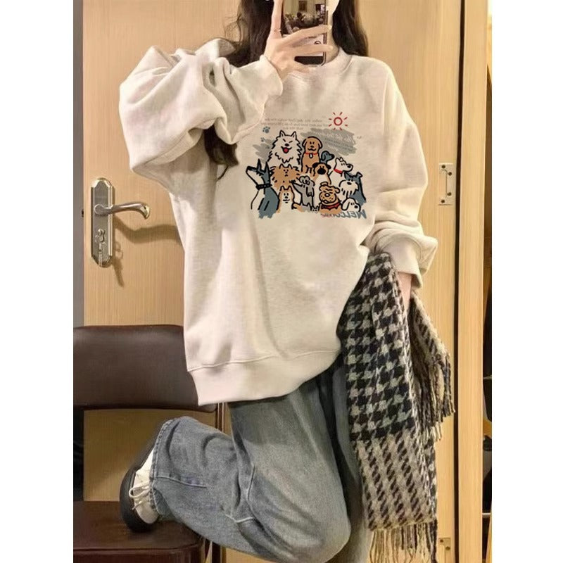 💕簡約時尚狗勾合集印花圓領長袖大學T