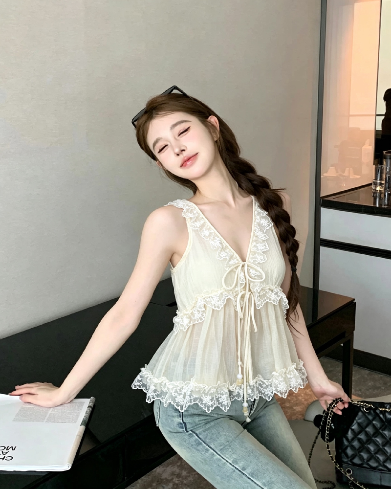 💕法式V領蕾絲拼接系帶無袖背心上衣