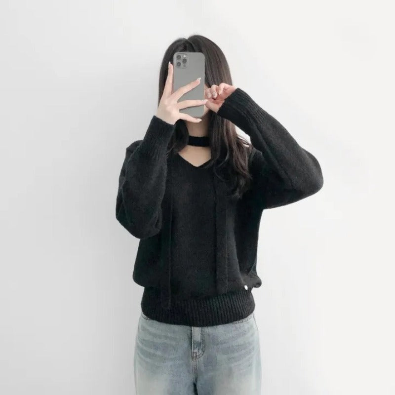 💕chic韓系簡約V領帶飄帶露肩針織百搭毛衣