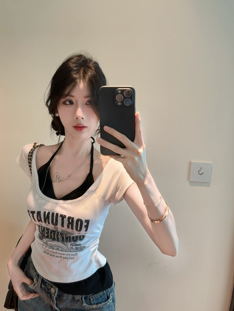 💕夏季新款小心機掛脖假兩件上衣