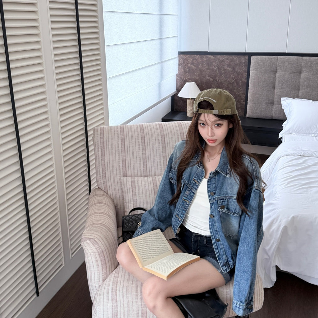 💕小眾設計磨白復古寬鬆短款牛仔外套
