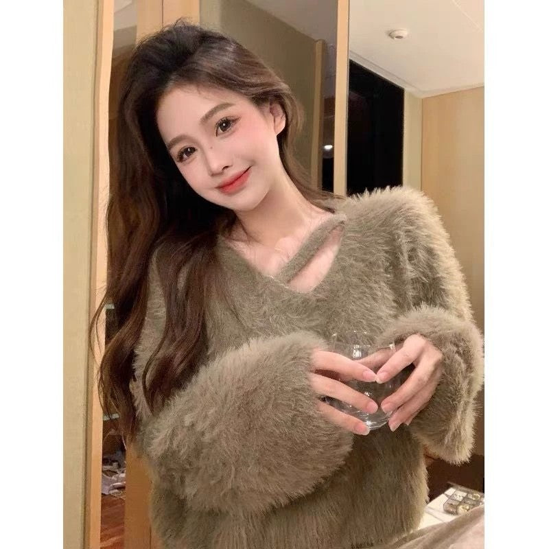 💕秋冬慵懶軟糯水貂毛短款上衣