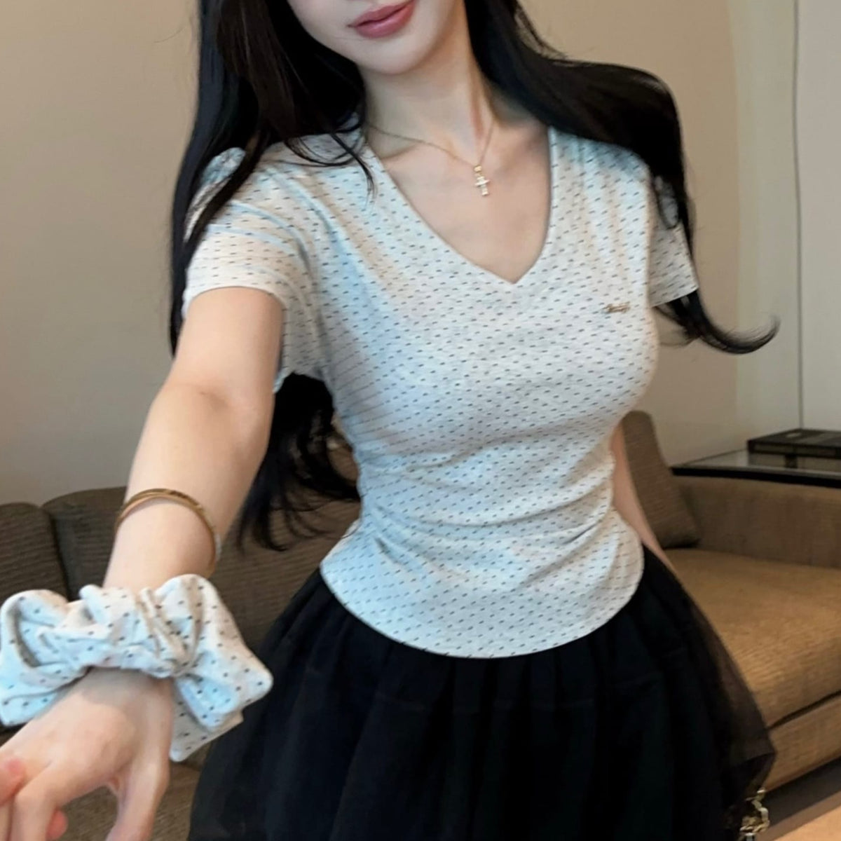 💕氣質星星點點V領短袖上衣