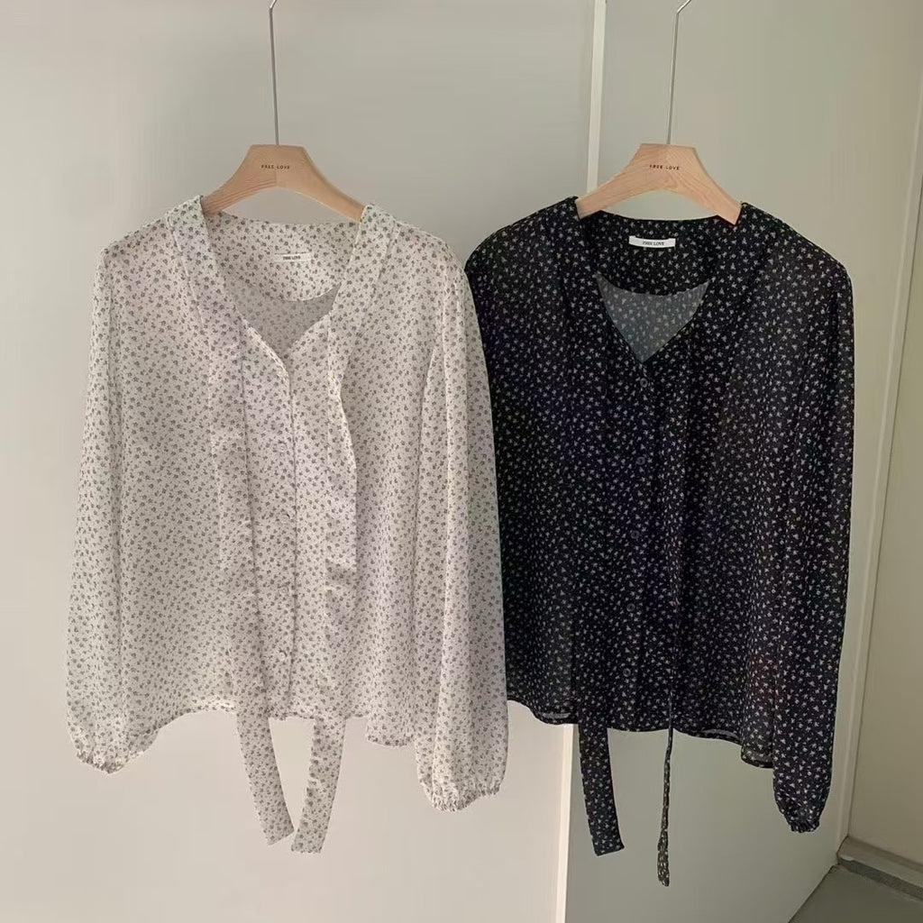 💕法式溫柔風飄帶V領雪紡小碎花泡泡袖上衣