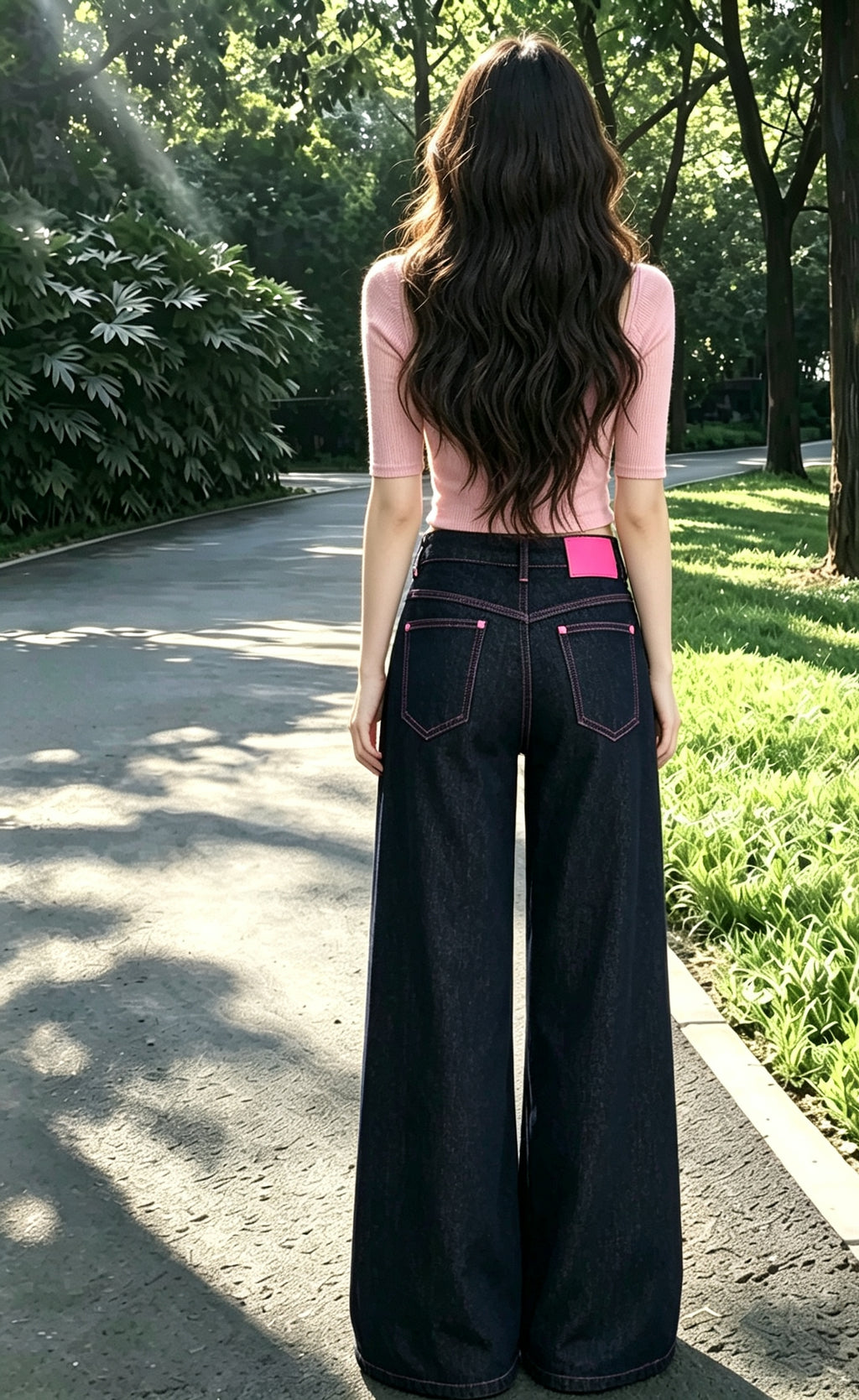💕氣質設計感粉色線復古闊腿牛仔直口褲