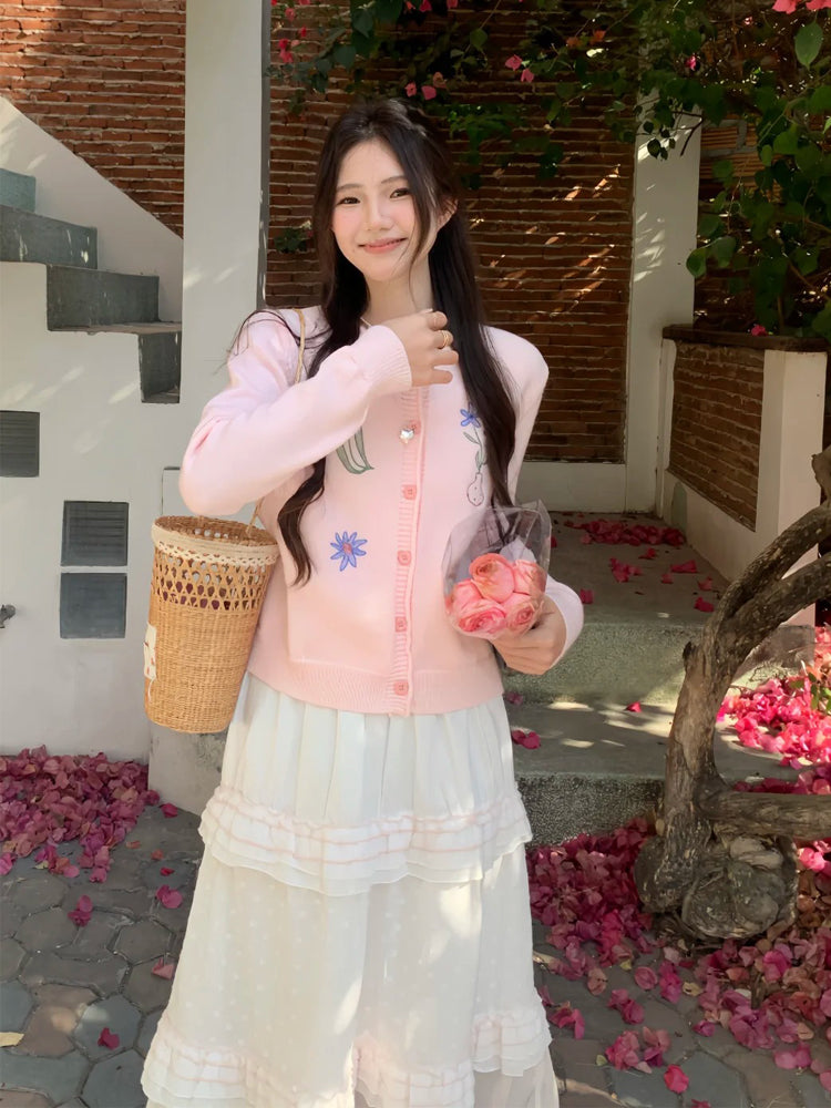 💕慵懶甜美粉色刺繡小花翻領針織開衫