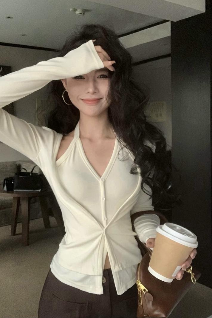 💕秋冬性感吊帶掛脖顯瘦假兩件打底上衣