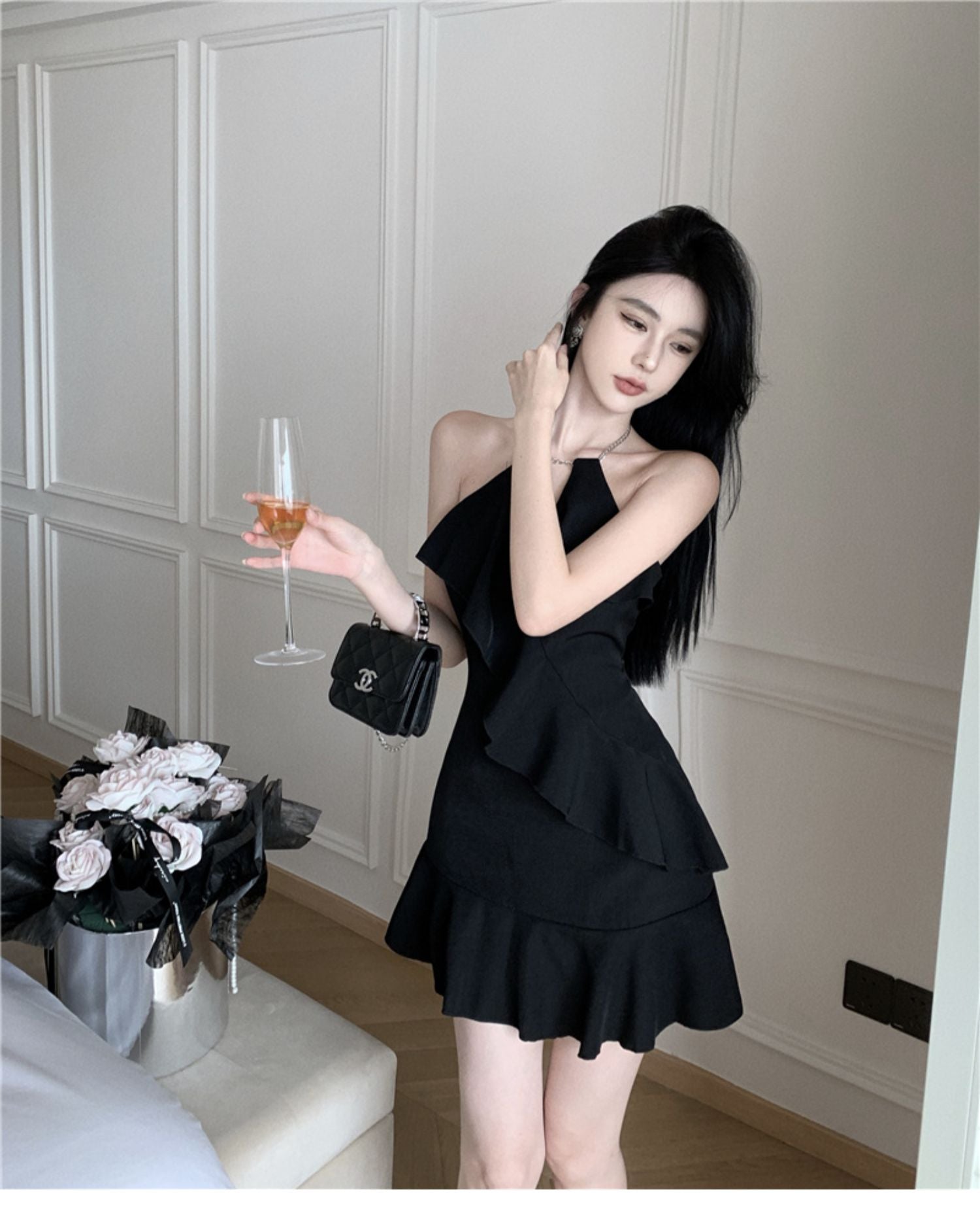 💕法式赫本風荷葉邊掛脖吊帶連衣裙