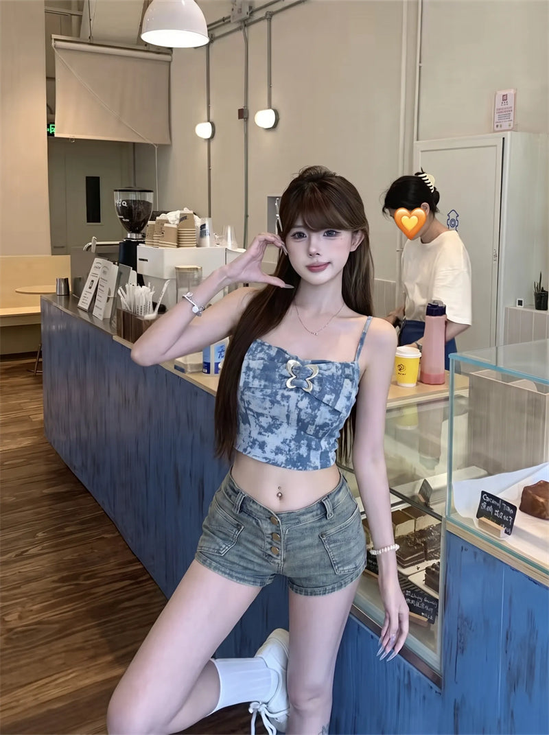 💕時尚辣妹性感牛仔藍扎染吊帶背心
