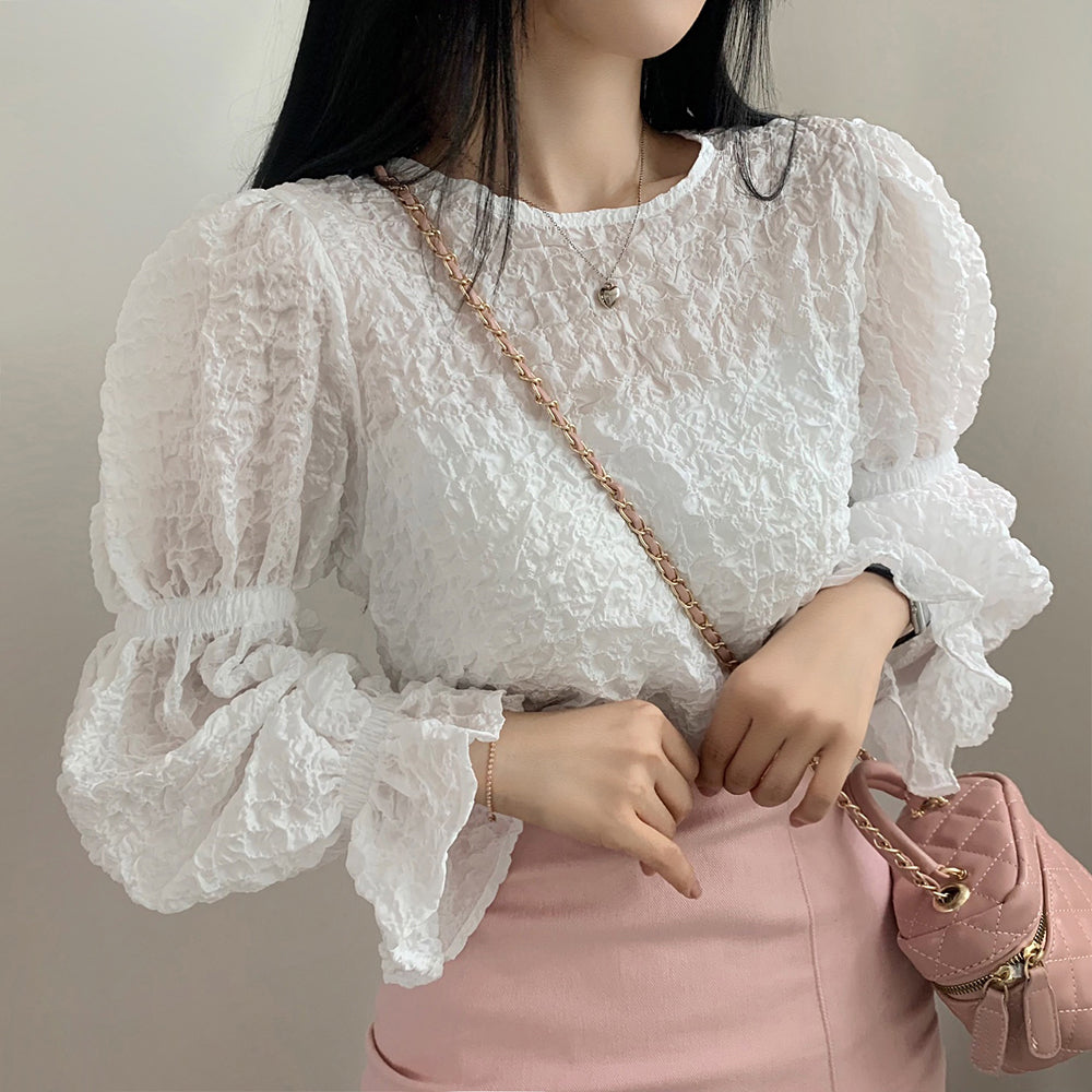 💕溫柔chic韓系泡泡皺褶圓領燈籠袖襯衫