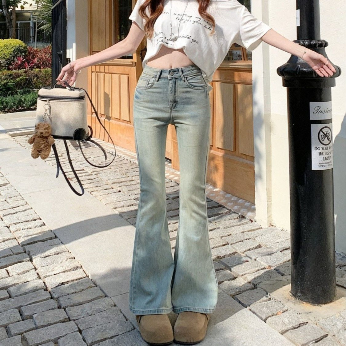 💕美式復古高腰顯瘦小個子微喇叭牛仔長褲