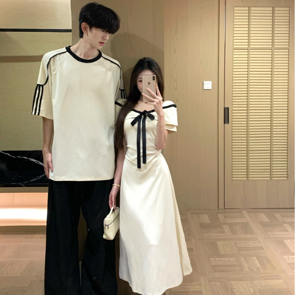 💕法式氣質杏色蝴蝶結收腰長裙情侶裝