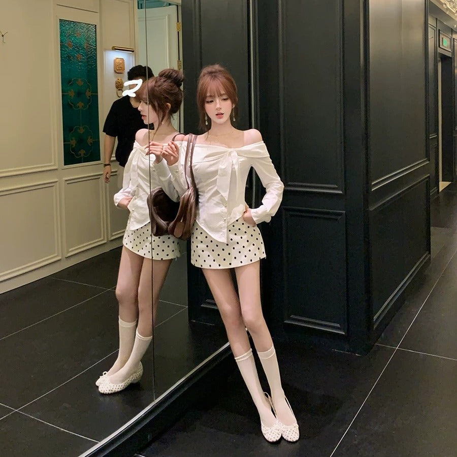 💕chic韓系一字領不規則上衣點點短裙套裝