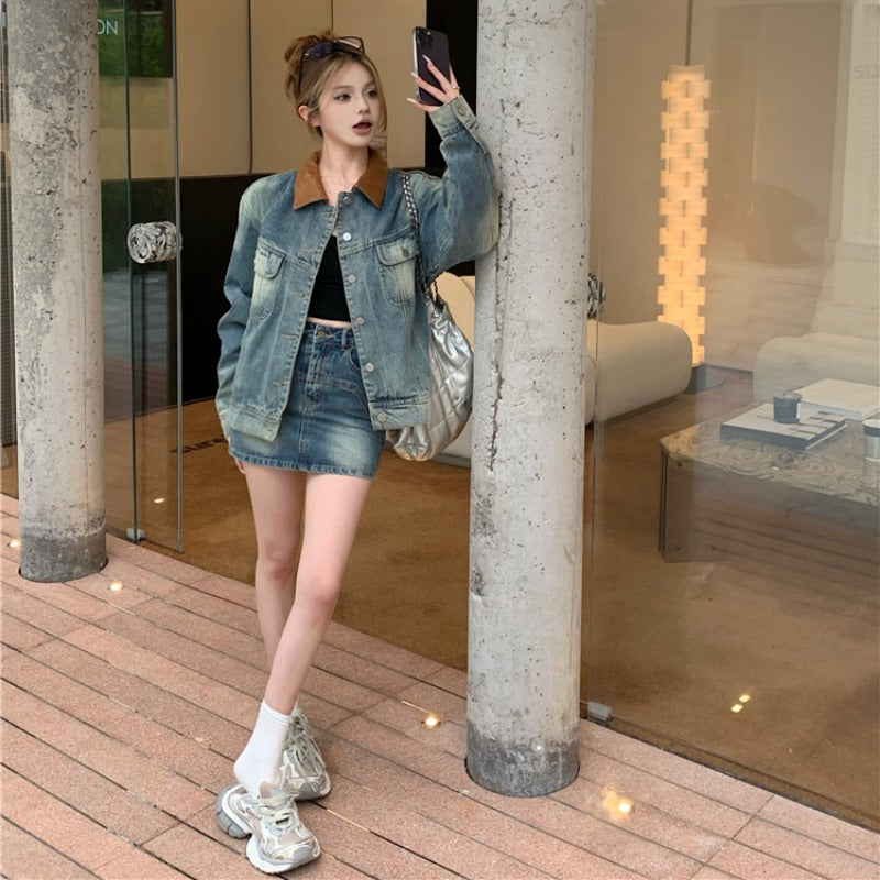 💕辣妹風牛仔外套配高腰牛仔短裙兩件套