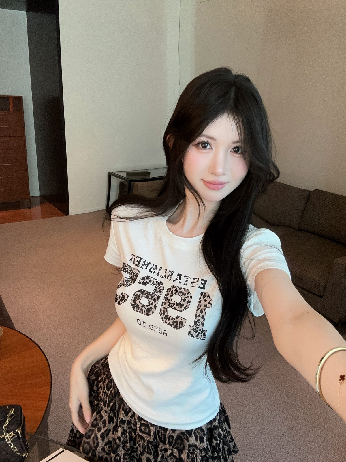 💕夏季豹紋印花圓領百搭短袖上衣