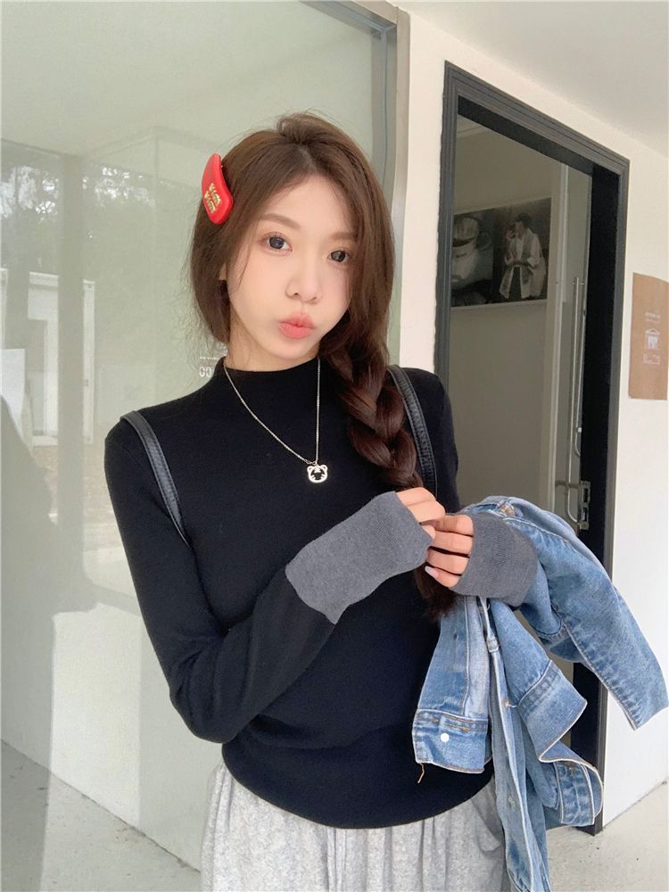 💕通勤百搭撞色長袖針織修身打底上衣