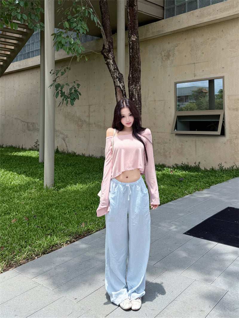 💕溫柔懶人斜肩長袖短款露臍上衣&條紋寬褲兩件套