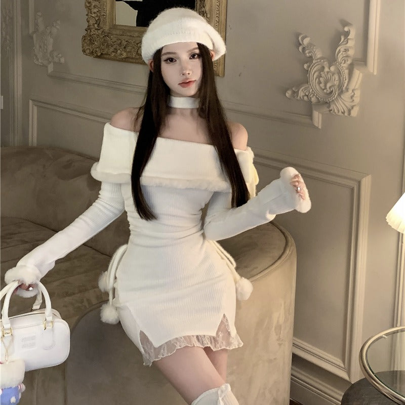 💕法式秋冬聖誕氣息掛脖毛邊包臀短裙