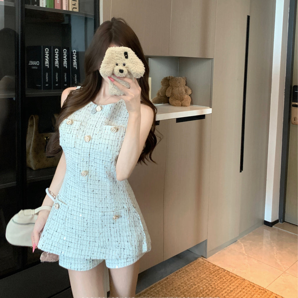 💕名媛小香千金風收腰無袖上衣短褲兩件套