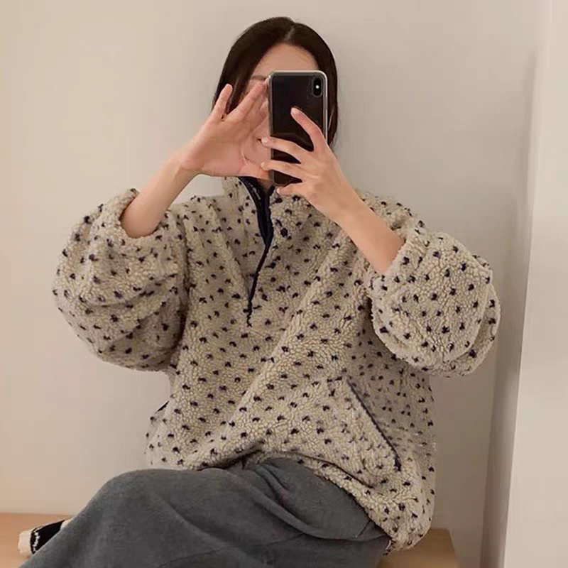 💕ins風立領點點搖粒絨休閒寬鬆衛衣