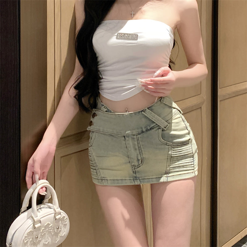 💕不規則緊身彈力刷舊牛仔短裙