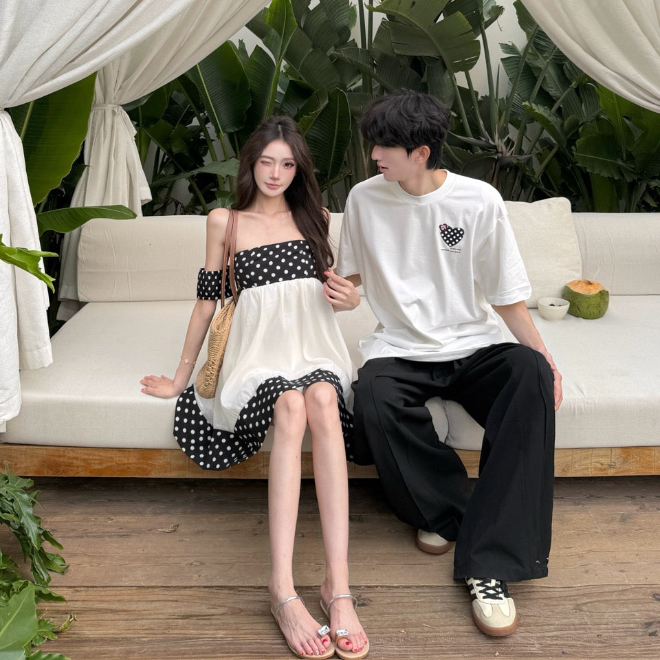 💕法式赫本復古點點抹胸連衣裙情侶套裝