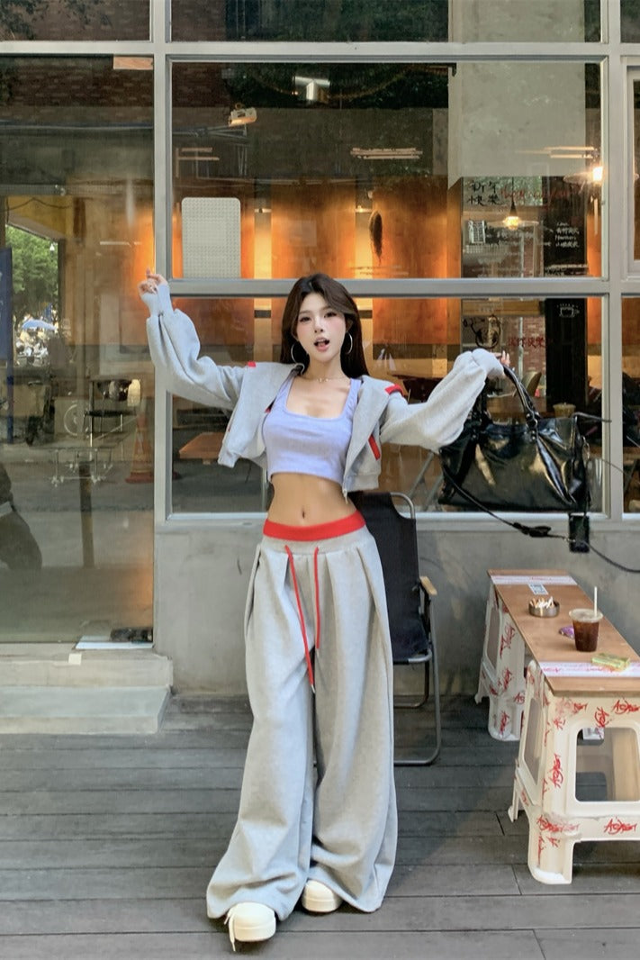 💕韓系個性設計感灰色長袖顯瘦休閒褲套裝