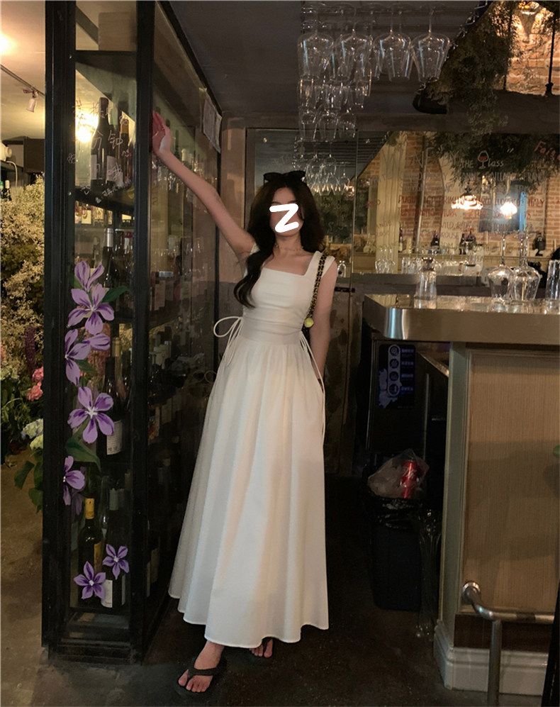 💕高級感法式白色收腰顯瘦吊帶連衣裙