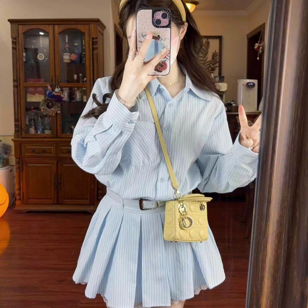 💕春夏小個子收腰有腰帶條紋襯衫連身裙