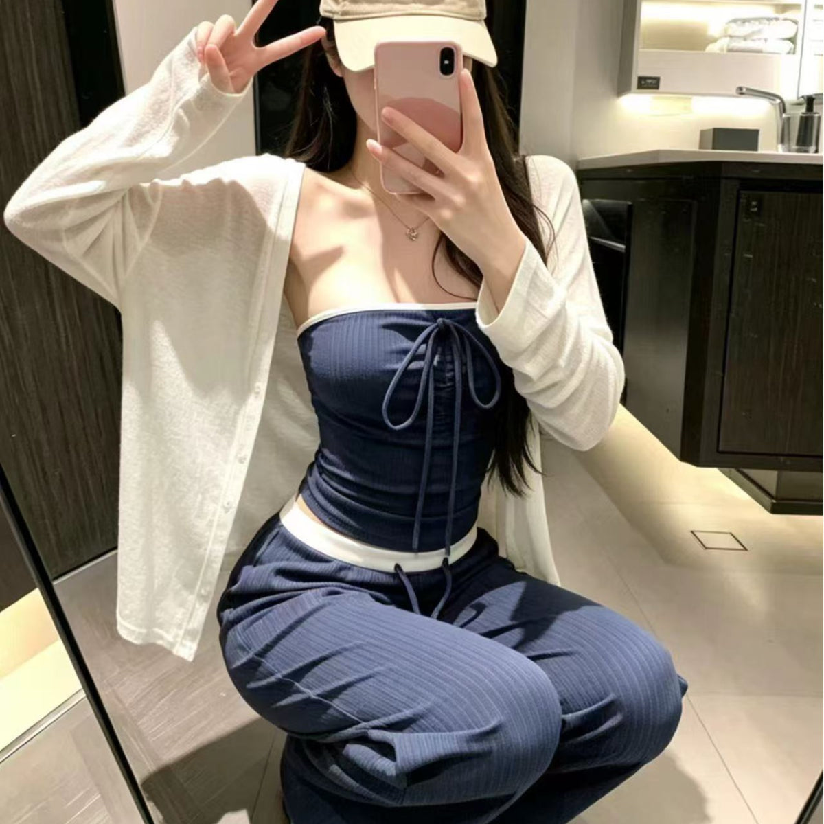 💕時尚慵懶感輕薄開衫抽繩抹胸三件套