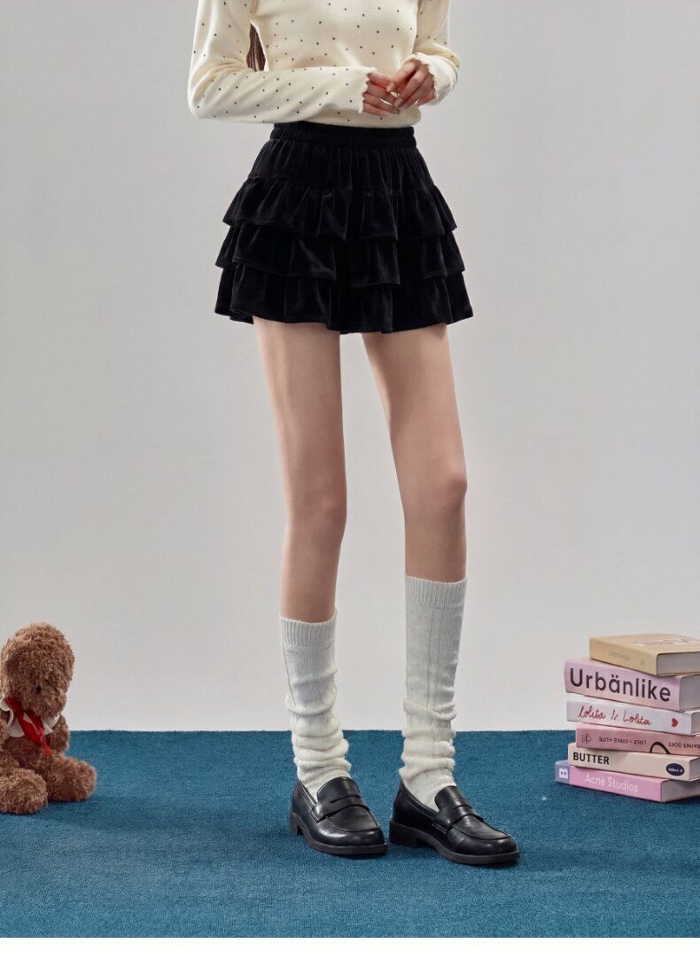 💕韓系雙面絨溫柔蛋糕高腰顯瘦半身裙