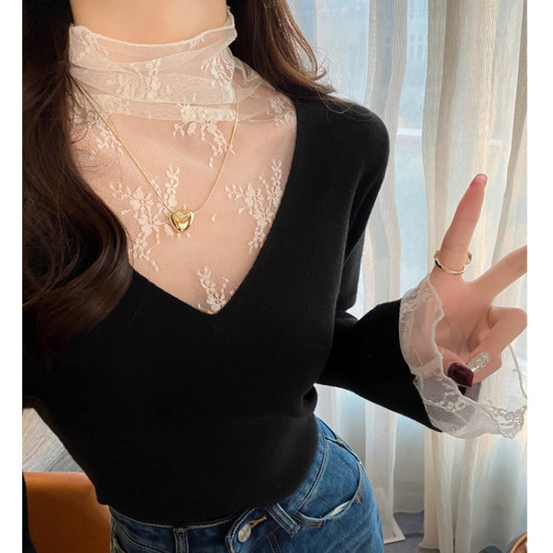 💕白色V領假兩件蕾絲打底衫上衣