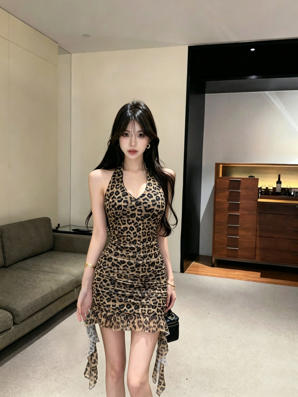 💕豹紋露背網紗流蘇包臀短裙