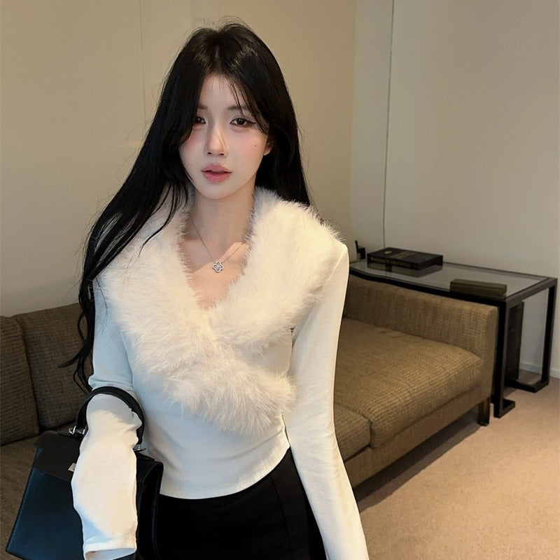 💕純欲辣妹毛領拼接V領長袖修身上衣
