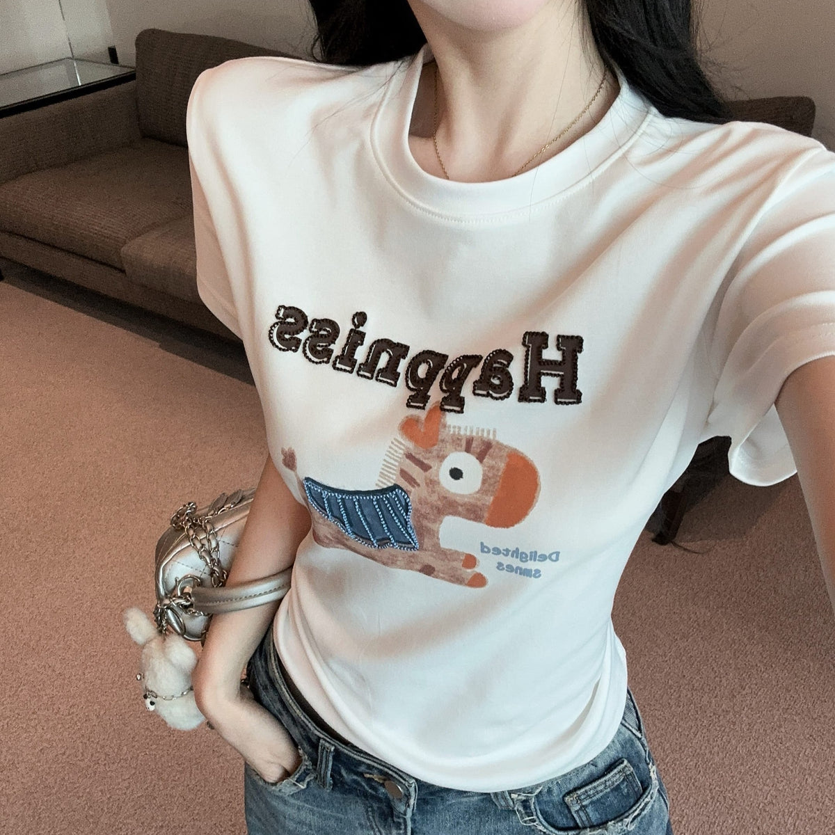 💕可愛元氣小馬立體刺繡圓領短袖上衣