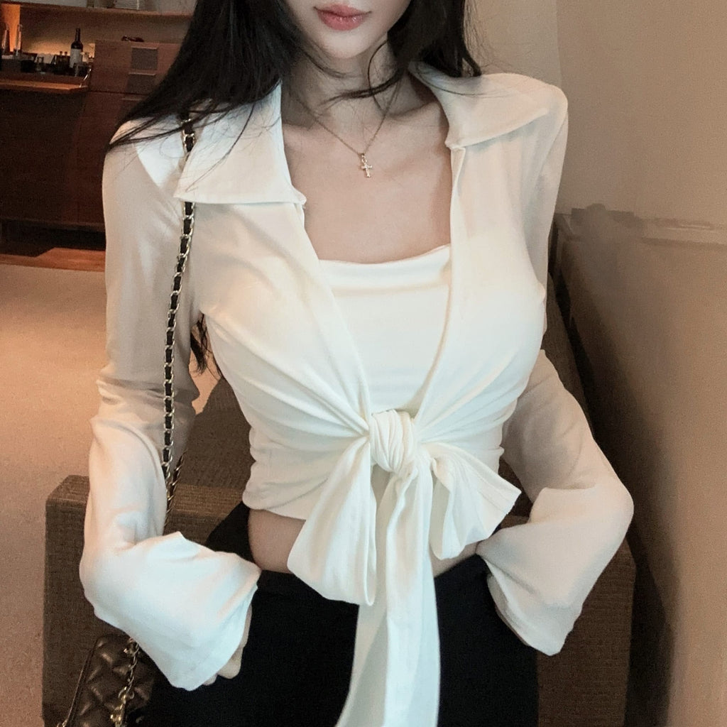 💕綁帶胸墊長袖翻領開衫吊帶兩件套