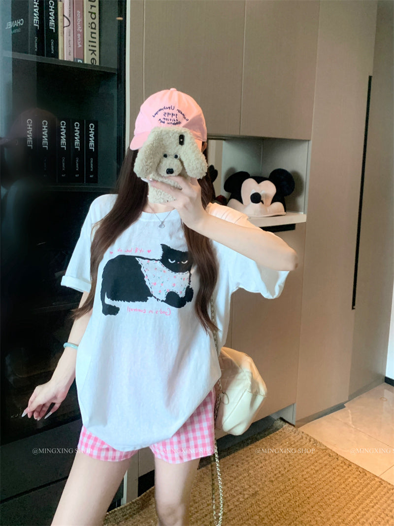 💕居家貓咪印花圓領T+格子短褲兩件套