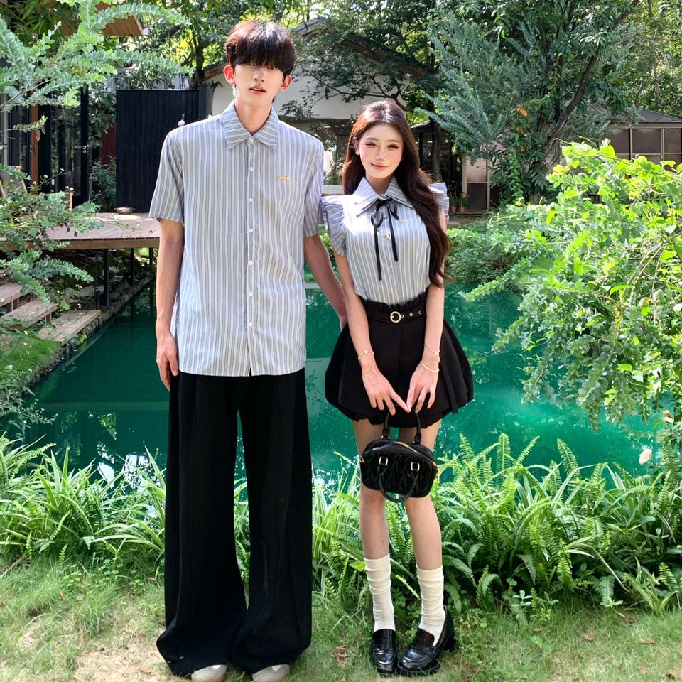 💕韓系藍色條紋小飛袖襯衫花苞短褲情侶套裝