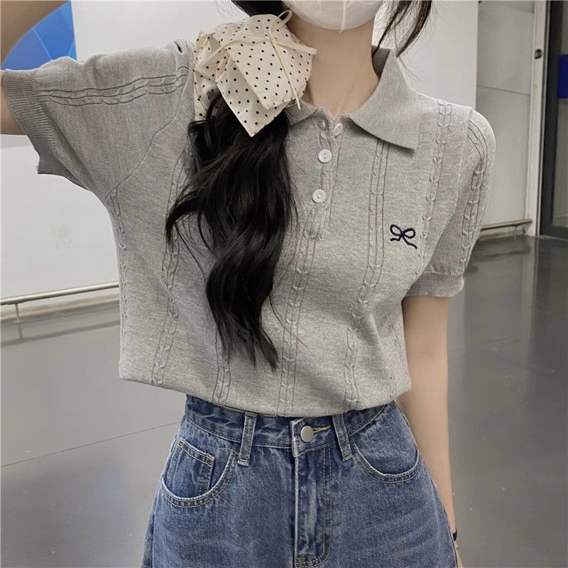 💕百搭甜美POLO領蝴蝶結刺繡針織衫