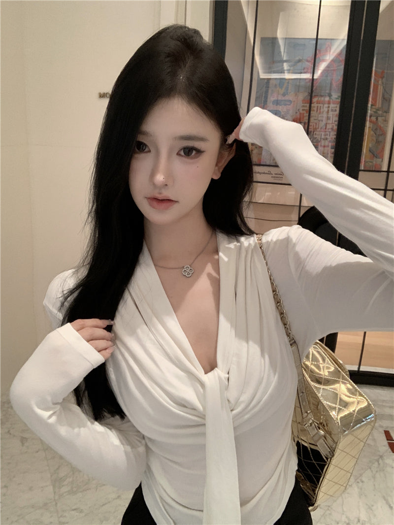💕韓系設計感褶皺盪領飄帶長袖打底衣