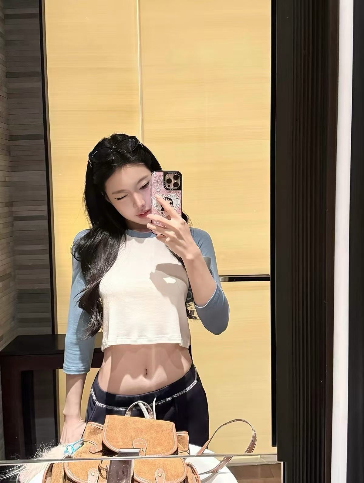 💕休閒百搭撞色短款露臍長袖上衣
