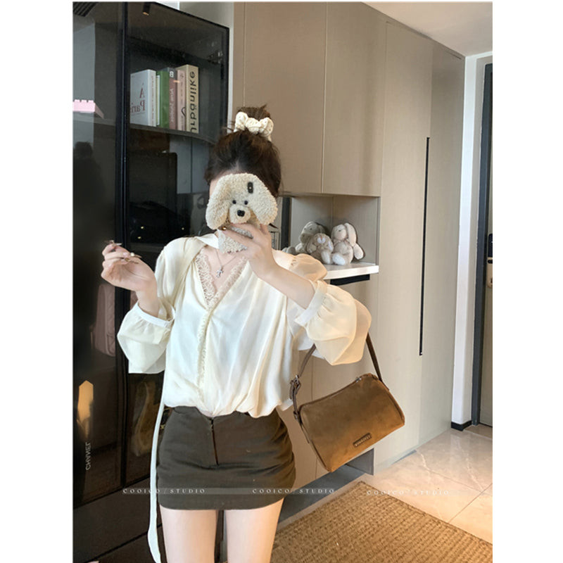 💕貴奢女主V領花苞雪紡飄帶上衣